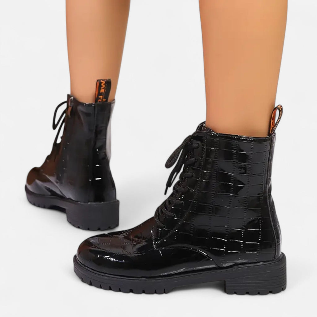 Mid Heel Croc-Pattern Ankle Boots for Women - Stylish Footwear for Everyday Wear