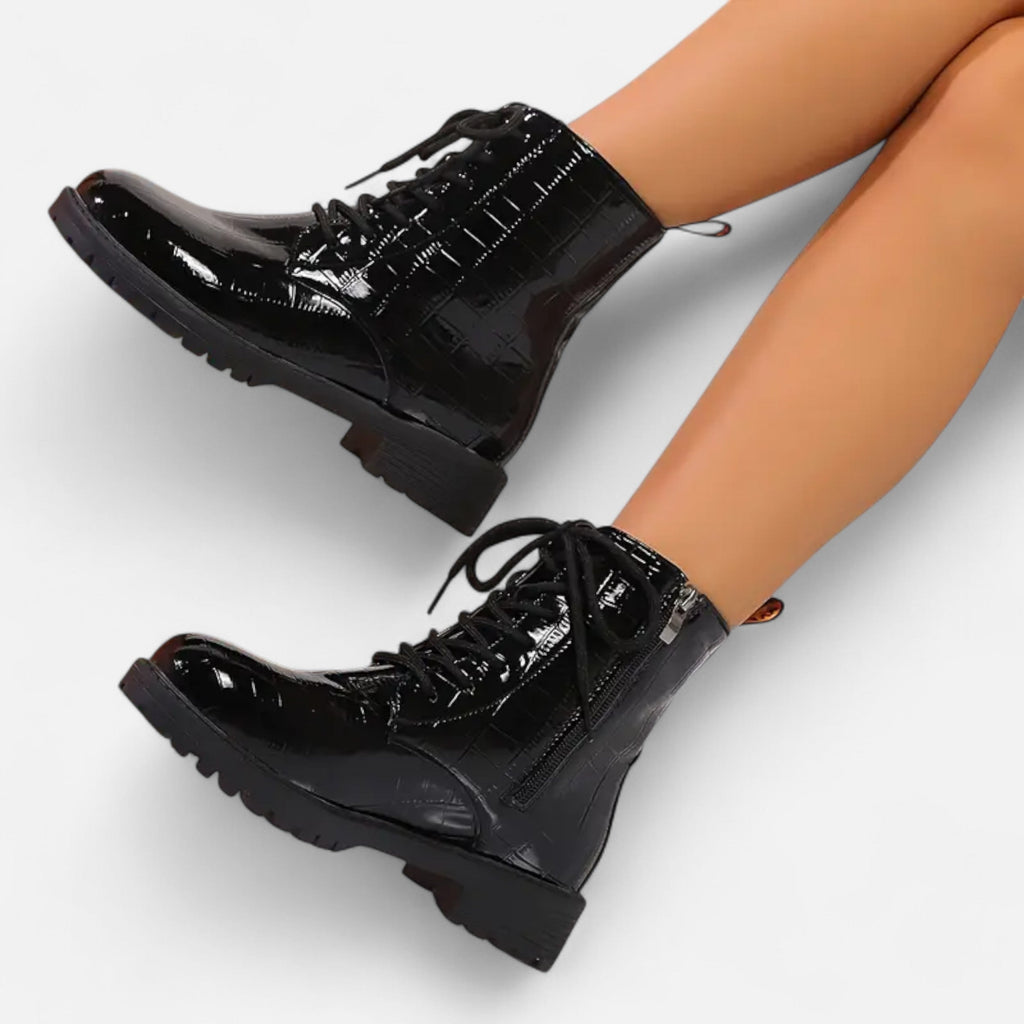 Mid Heel Croc-Pattern Ankle Boots for Women - Stylish Footwear for Everyday Wear